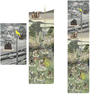 The yellow canary of the mines, a symbol of protection for miners spending time in highly polluted areas. The yellow lichen becomes the new symbol for Dudley, protecting inhabitants through carbon sequestration & clean air. - Michelle Gartside Concept Collage.png